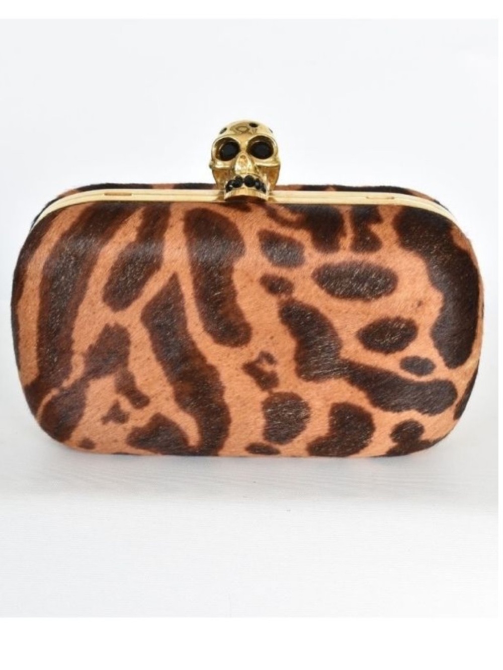 Alexander McQueen Leopard-Print Box Clutch with Gold Skull Clasp
